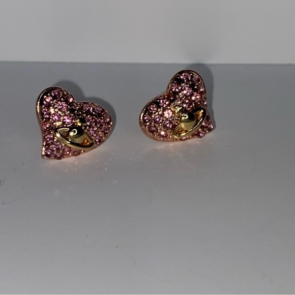 Vivienne Westwood Timy Diamante Heart Earrings Pink and Gold - Picture 5 of 16